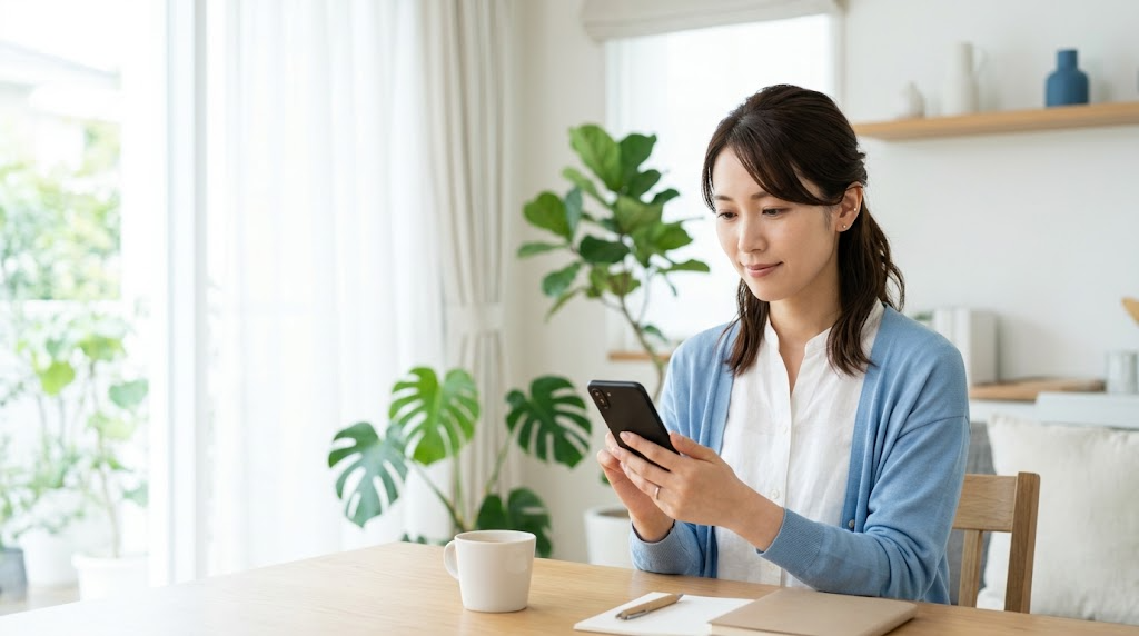 自宅でスマートフォンを確認する女性